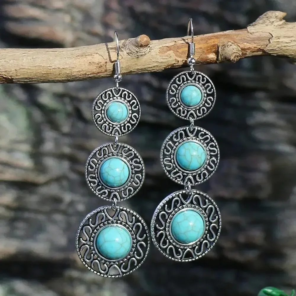NEW Silver Plated Turquoise Earrings Triple Circles Geometric Western Boho
